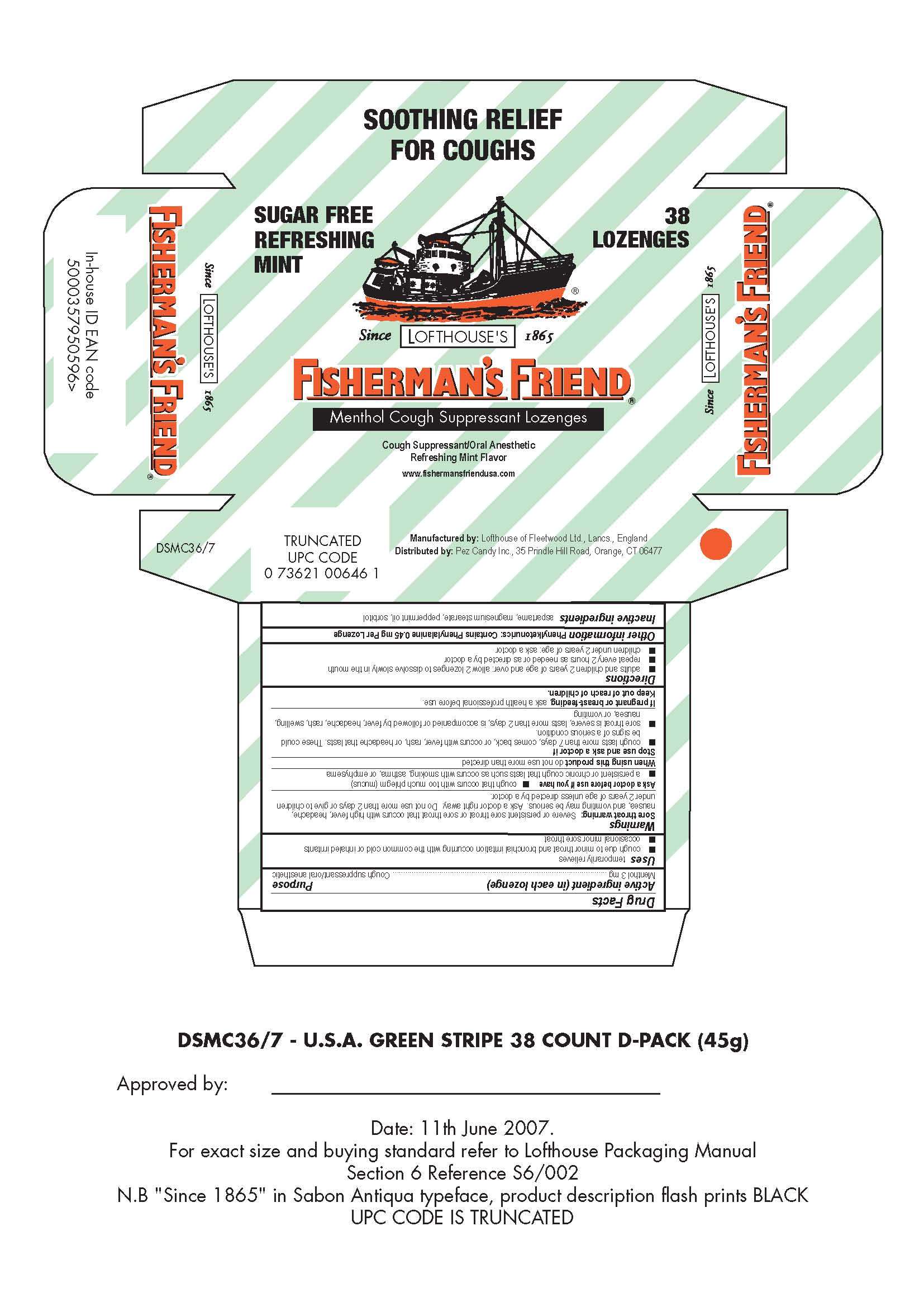 Sugar Free Refreshing Mint Fishermans Friend Menthol Cough Suppressant